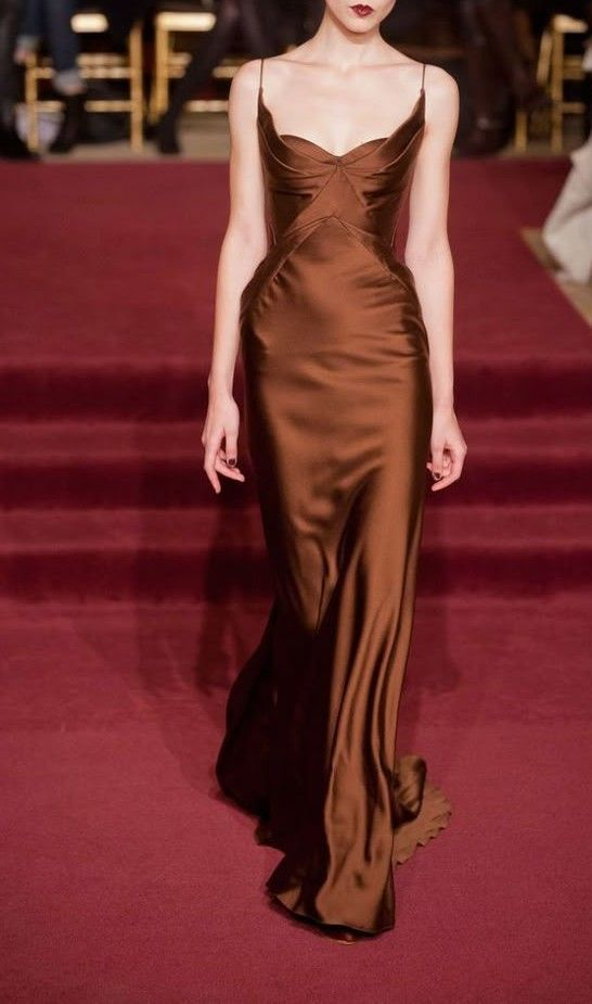 Vintage Spaghetti Straps Brown Satin Mermaid Party Dress Formal Wedding Guest Dress SP537