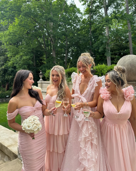 Gorgeous V Neck Pink Tulle Sequin Ruffle Long Wedding Guest Dress Birthday Party Dress SP1083