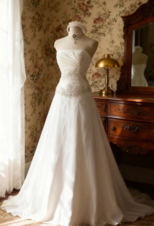 Classy White Strapless Satin Pleated Beaded Appliques Mermaid Long Wedding Dress SP670