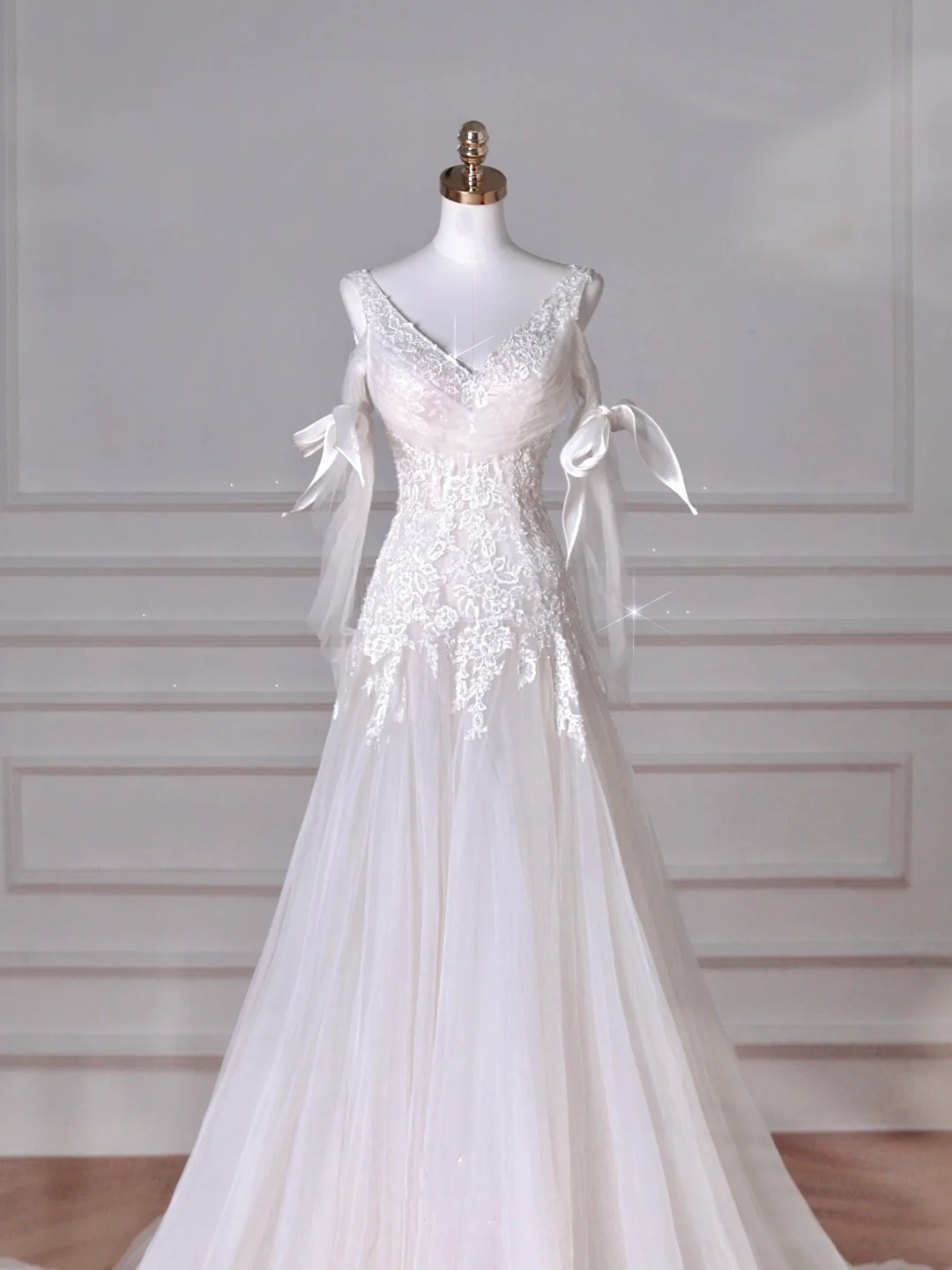 Fairy White V Neck Tulle Lace Appliques Mermaid Evening Dress,Long Wedding Dress Y8636