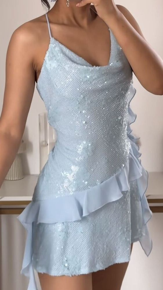 Classy Blue Halter Sequin Short Birthday Outfits Formal Graduation Homecoming Dress Y9785