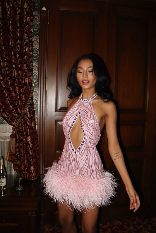 Sexy Halter Pink Sheath Sequin Feather Cocktail Dress Formal Graduation Homecoming Dress Y9654