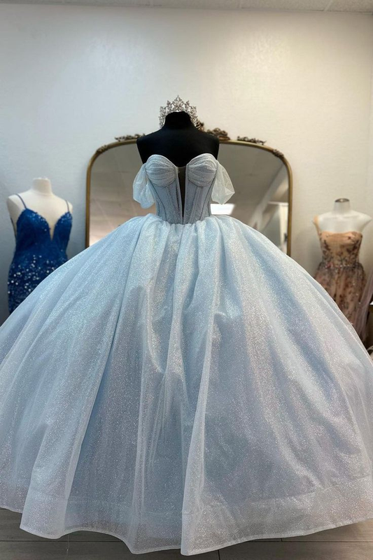 Sweet Light Blue Off-the-Shoulder Quinceañera Dress Ball Gown With Bow SP570
