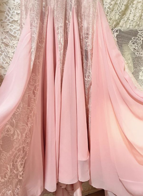 Elegant V Neck Pink Chiffon Lace Mermaid Prom Dress Long Party Dress SP490