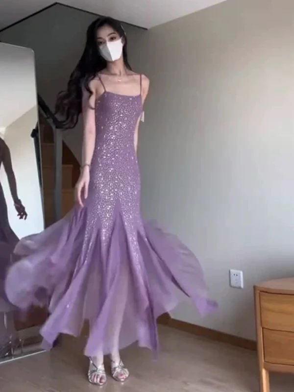 Sexy Mermaid Spaghetti Straps Purple Chiffon Beaded Evening Dress Prom Dress  Y7812