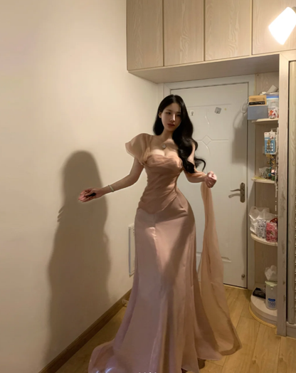 Elegant Pink Tulle Mermaid Long Party Gown Formal Guest Dress SP288