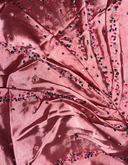 Cute V Neck Pink Halter Satin Beaded Mermaid Party Dress Long Wedding Guest Dress SP681