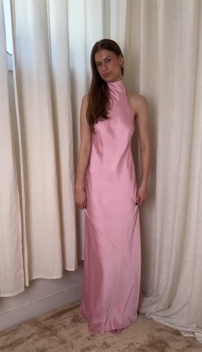 Cute Pink Halter Satin Sheath Backless Long Prom Gown Formal Party Dress SP249