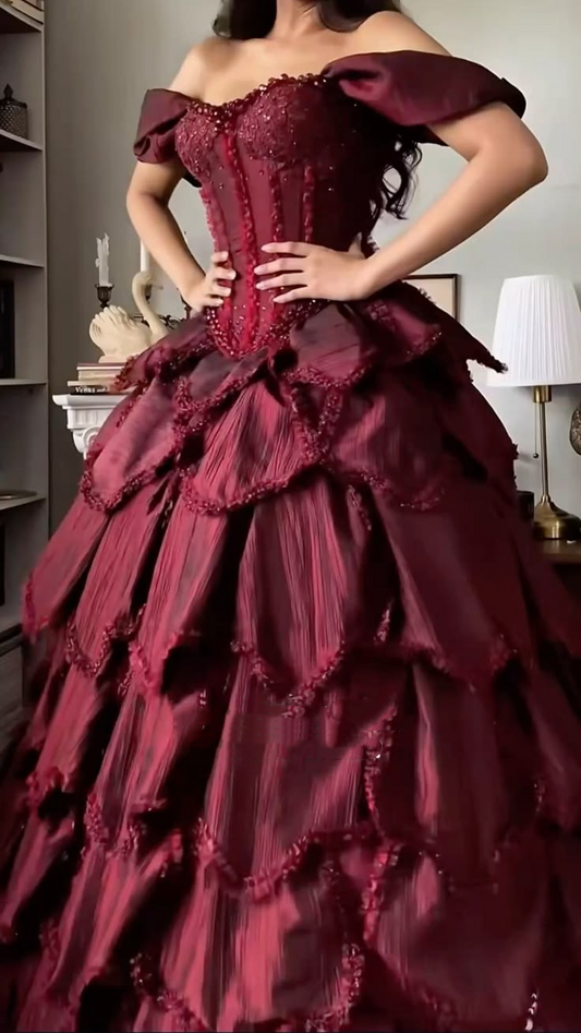 Vintage Off The Shoulder Satin Beaded Petals Layered Ball Gown Burgundy Quinceanera Dress Sweet 16 Dress SP2252