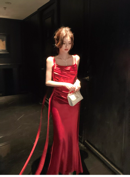 Charming Spaghetti Straps Red Satin Pleated Mermaid Long Wedding Guest Dress Party Dress SP1504