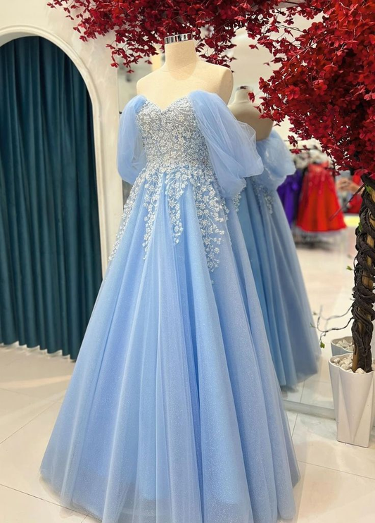 Women's Elegant Baby Blue Tulle Prom Dress, Off-the-shoulder floor length Dress Y7450