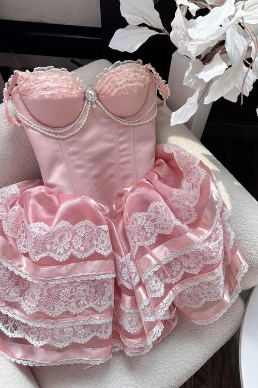Sweet Spaghetti Straps Pink Satin Lace Layered A Line Short Birthday Dress Homecoming Dress SP3058