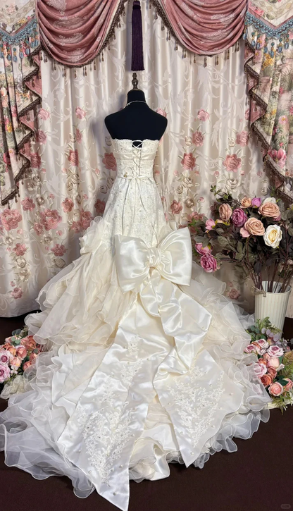 Classy Strapless White Satin Beaded Mermaid Long Wedding Dresses Bow Princess Bridal Gown Y9709