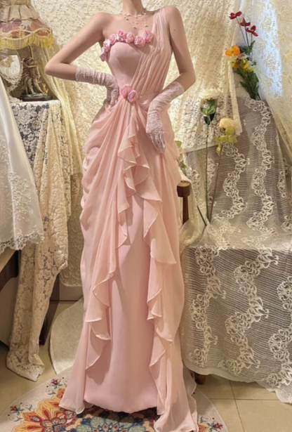 Pretty One Shoulder Pink Chiffon Ruffles Long Party Dress Prom Gown SP1088