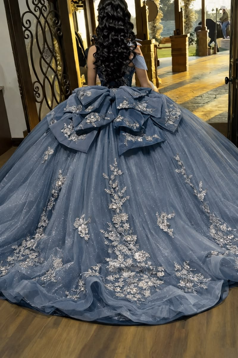 Elegant Off The Shoulder Sweet 16 Dress Blue Tulle Sequin Floral Quinceanera Dress With Bow SP4299