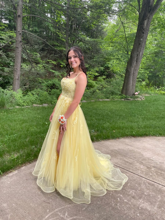 Elegant Spaghetti Straps Yellow Tulle Appliques Slit Long Birthday Prom Dress Formal Party Gown SP641