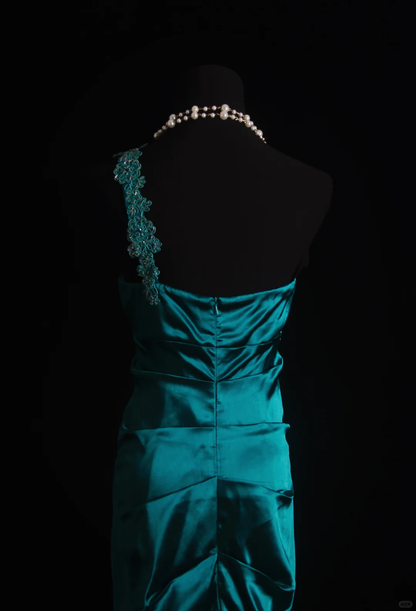 Vintage Green One Shoulder Satin Pleated Beaded Mermaid Long Evening Dress Formal Prom Gowns SP2089