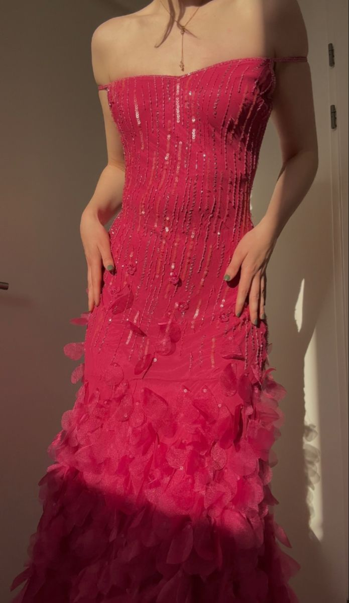 Sexy Spaghetti Straps Raspberry Sequin Petals Mermaid Long Prom Dress Birthday Evening Dress  SP2270