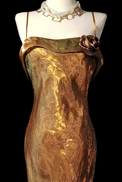 Vintage Spaghetti Straps Gold Satin Mermaid Evening Dress Long Prom Gown SP473