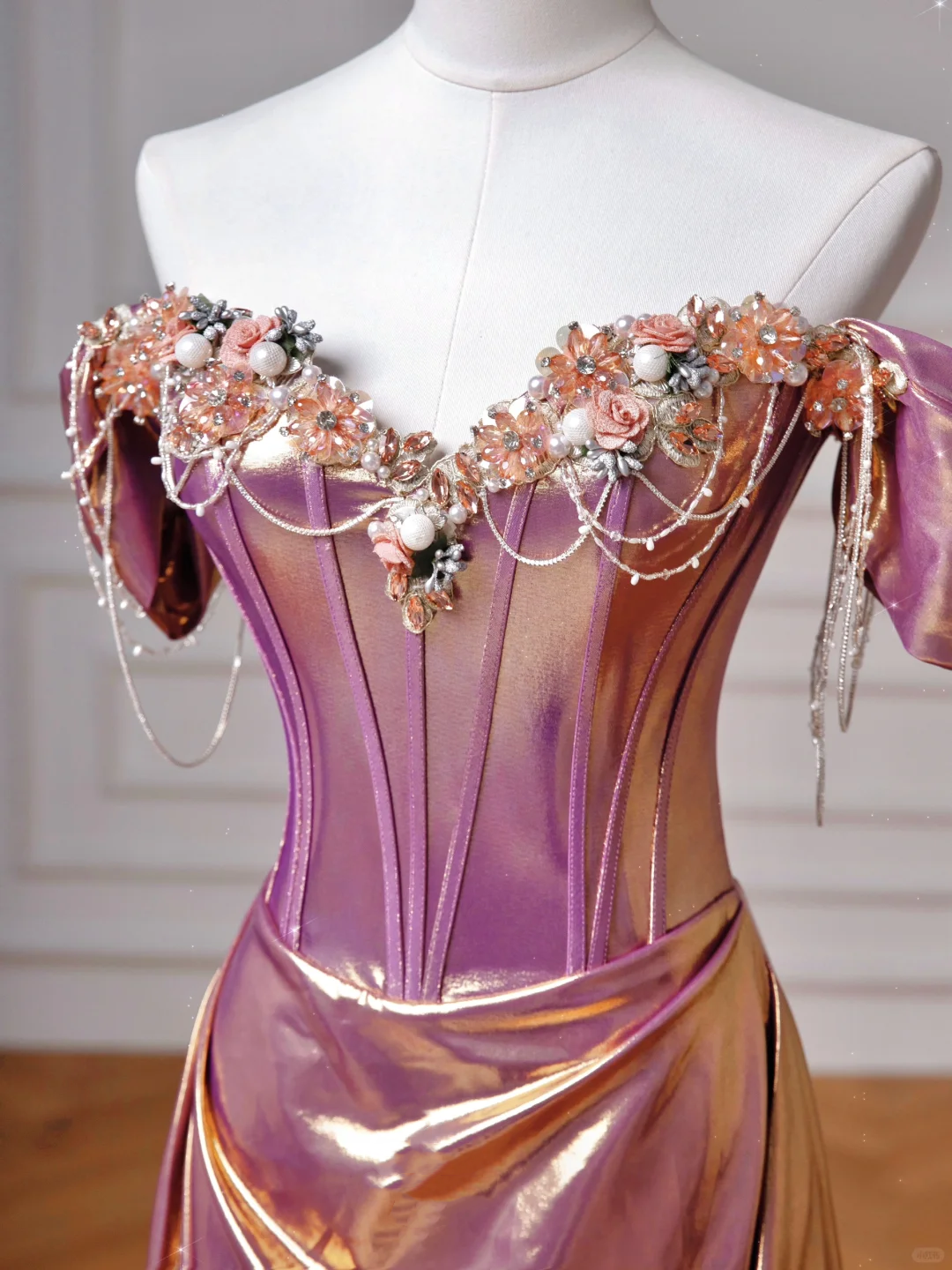 Classy Purple Satin Beaded Mermaid Prom Dress,Off The Shoulder Long Evening Dress Y8605