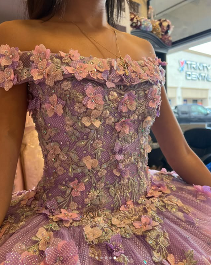 Lavender Applique Off Shoulder Shiny Elegant Tulle Ball Gown 3D Flowers Princess Dress Sweet 15th Y285
