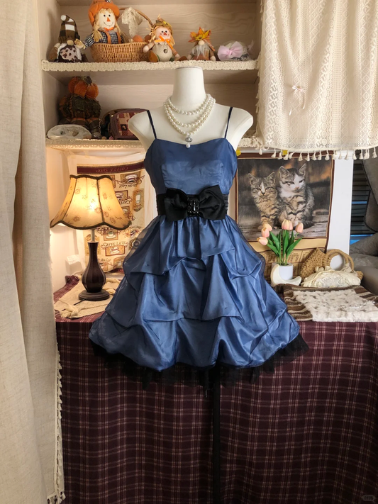 Sexy Spaghetti Straps Blue Satin Ruched A Line Cocktail Dress Formal Homecoming Dress With Bow Y9221