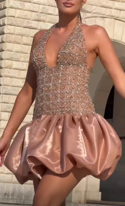 Sexy Halter Satin Beaded Short Prom Dress,Rose Champagne V Neck Short Homecoming Dress SP3687
