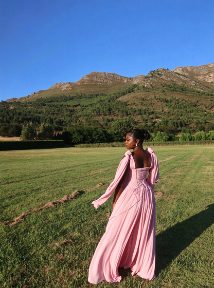 Pretty V Neck Pink Satin Chiffon A Line Long Party Dress Evening Gowns SP4278