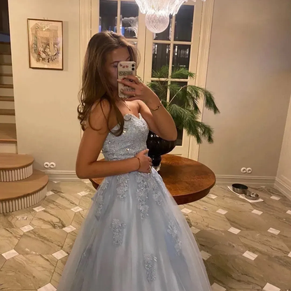 Fairy Blue Strapless Tulle Appliques Beaded A Line Long Prom Dress Birthday Party Dress SP2111