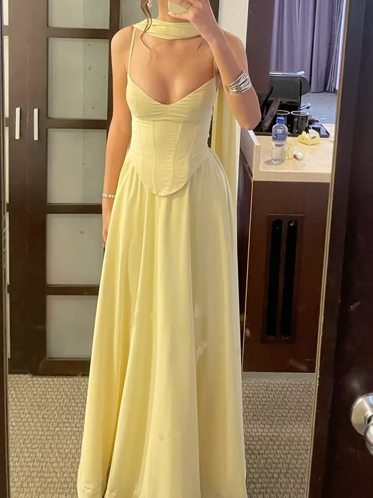 Elegant Spaghetti Straps Satin A Line Long Wedding Guest Dress,Yellow Party Dress With Scarf SP2531