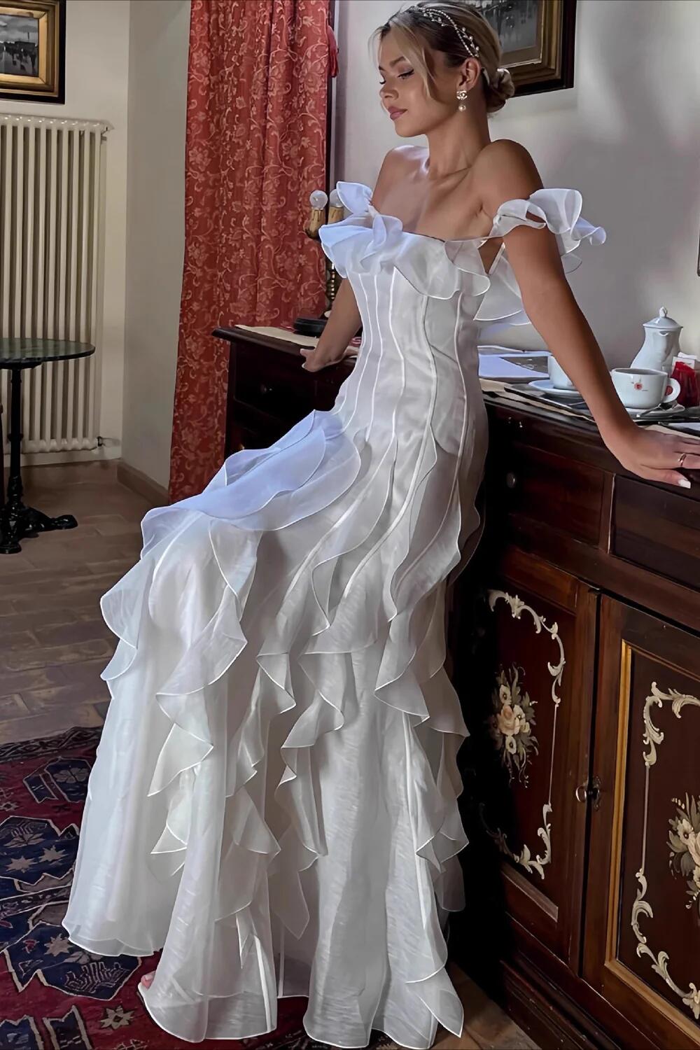 Classy White Off The Shoulder Chiffon Ruffles Long Prom Dress Party Dress SP2673