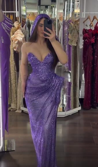 Glitter Sweetheart Neck Purple Sequin Pleated Long  Evening Dress Prom Gown SP3762