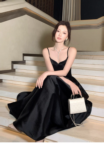 Sexy Black Spaghetti Straps Satin A Line Long Wedding Guest Dress Formal Birthday Prom Dress Party Dress SP1492