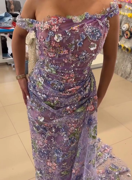 Pretty Off The Shoulder Tulle Sequin Floral Mermaid Evening Dress Lavender Long Birthday Prom Dresses SP1330