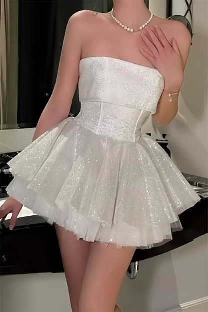 Glitter Strapless White Sequin A Line Short Homecoming Dress Birthday Dress SP2645