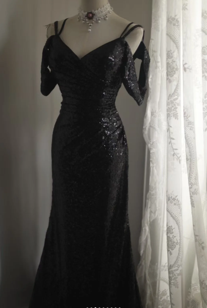 Shiny Spaghetti Straps Black Sequin Mermaid Party Dress Long Birthday Prom Gown SP1259