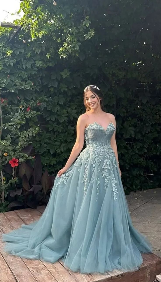 Classy Blue Sweetheart Neck Tulle Lace Appliques Long Party Dress Birthday Prom Gown SP637