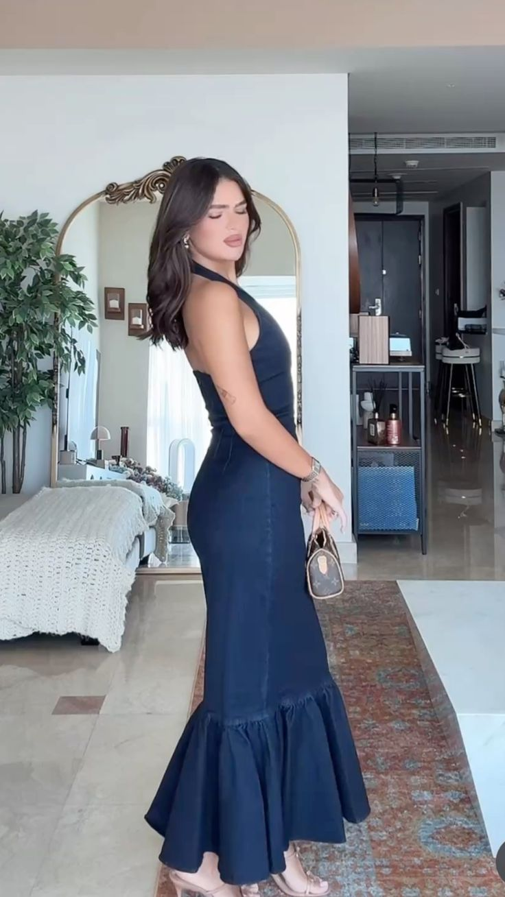 Classy Halter Navy Blue Satin Mermaid Long Wedding Guest Dress Evening Dress SP717