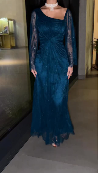 Classy Navy Blue Lace Mermaid Long Evening Dress Birthday Outfits SP845