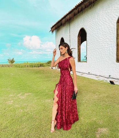 Elegant One Shoulder Red Lace Prom Evening Dresses with Slit Y5293