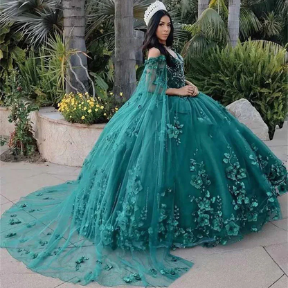 Princess Quinceanera Dress Off Shoulder Sweetheart Beading With 3D Flowers Ball Gown Cloak Tulle Robe De Soirée Y4334
