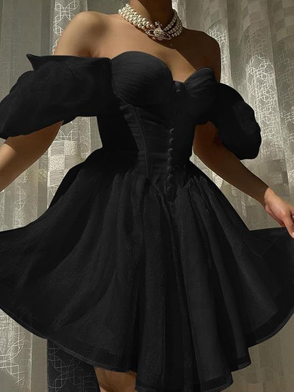 Pretty Off The Shoulder Black A Line Short Birthday Outfits Formal Homecoming Dress Y9412