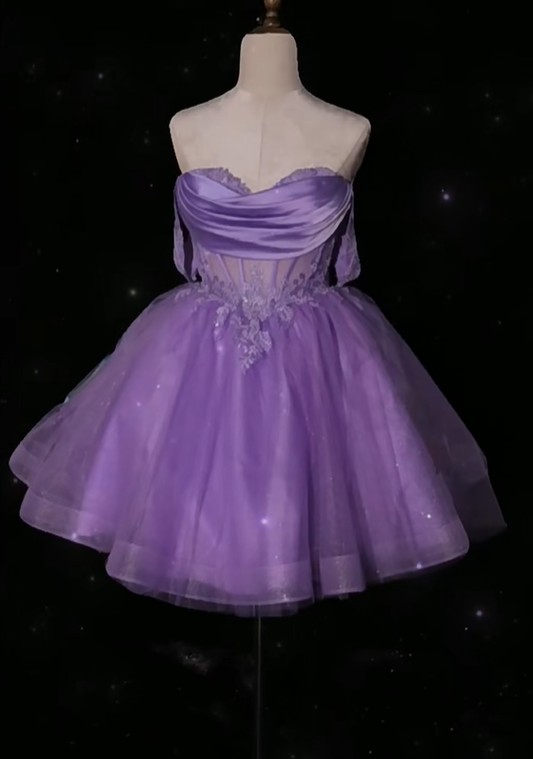 Lavender Tulle Lace Appliques Off The Shoulder A Line Birthday Outfits Pretty Homecoming Dress Y9343