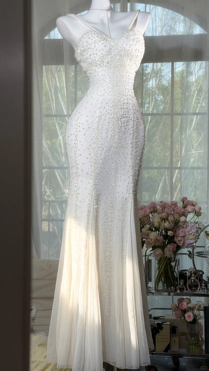 Sparkly Spaghetti Straps V Neck Chiffon Beaded Mermaid Evening Dress White Long Birthday Dress SP2179