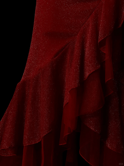 Shiny Halter Satin Sequin Ruffle Mermaid Long Party Dress Red Long Birthday Prom Dress Gown SP4050