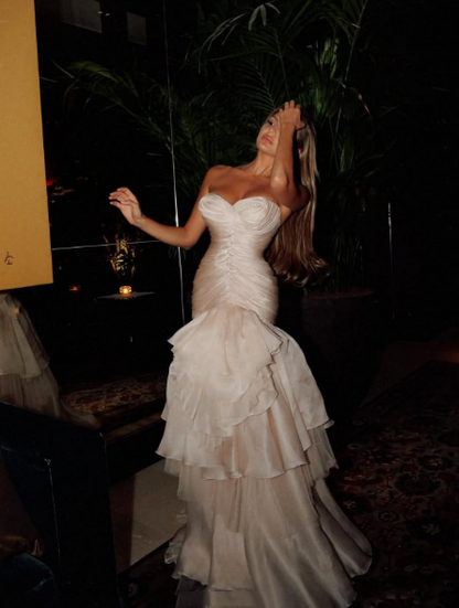 Classy Sweetheart Neck Pink Pleated Organza Layered Mermaid Evening Dress Long Birthday Prom Dresses SP1020