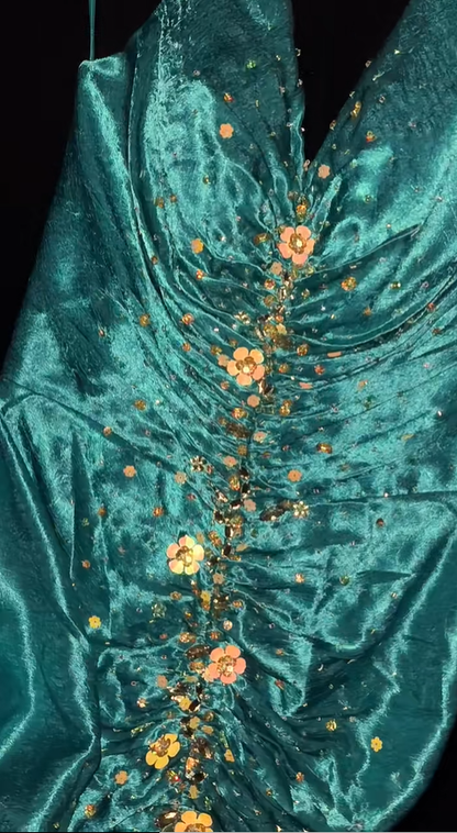Elegant V Neck Green Satin Beaded Mermaid Long Party Dress Formal Birthday Dress SP2158