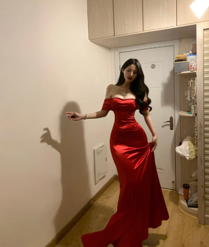 Charming Red Off The Shoulder Satin Mermaid Long Prom Gown Party Dress SP292