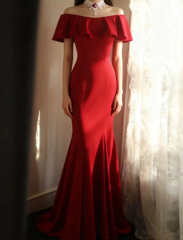 Elegant Off The Shoulder Red Satin Mermaid Evening Dress Long Wedding Guest Dress SP668