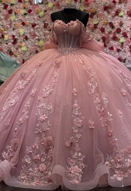 Charming Ball Gown Pink Off Shoulder Sleeveless Pleated 3D Flowers Applique Bow Knot Quinceanera Dress Formal Sweet 16 Dress SP573